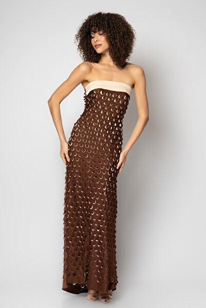 RENGIN Yakası bantlı komple yuvarlak lazer kesimli straplez abiye elbise