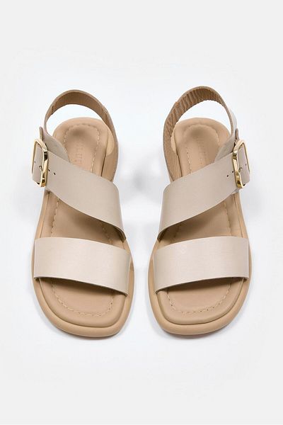 NILUFARR Petra Beige Women's Sandals - Genuine Leather and Gold Buckle Detail