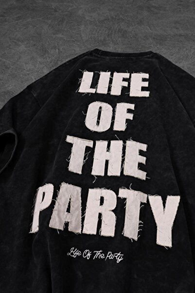 Slatra Men's Anthracite Life of the Party Applique Dirty Embroidery Washed Oversize Tshirt