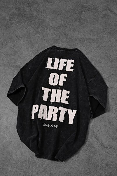 Slatra Ανδρικό μπλουζάκι Anthracite Life Of The Party Απλικέ Βρώμικο Κέντημα Washed Oversize