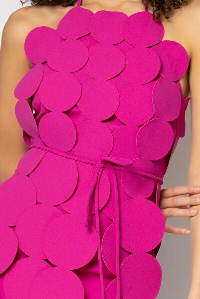 RENGIN Daire şerit saçaklı krep abiye elbise