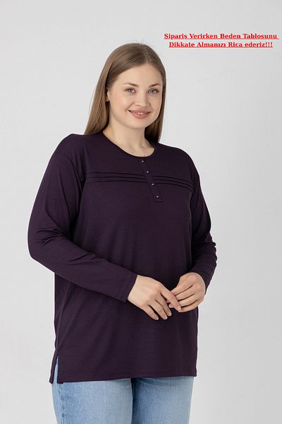 Orly More Viscose Fabric Mini Slit Plus Size Long Sleeve Mother Combed Cotton Blouse with Collar and Button Detail