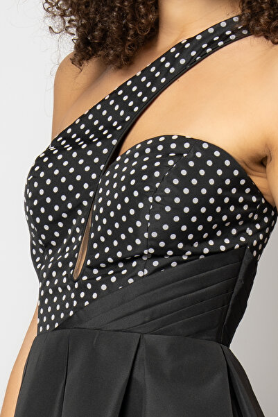 RENGIN Tek omuz askılı üstü puantiyeli eteği tafta abiye elbise