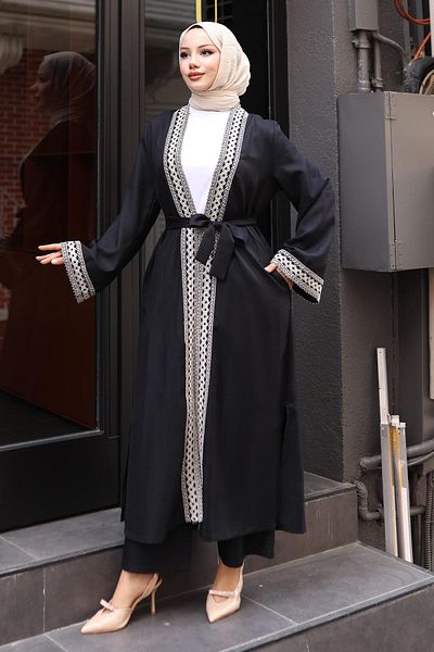 Modamihram Ethnic Patterned Kimono Set Black 19251