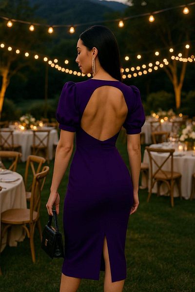 Mossta Purple Princess Sleeve Button Detailed Crepe Dress