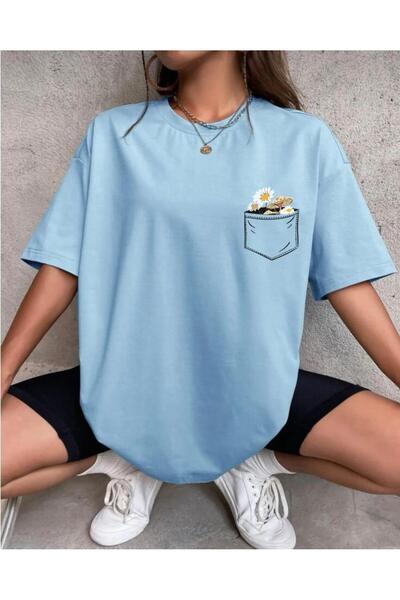 stg spor toptan giyim Women's Baby Blue Pocket Flower Printed Oversize Tshirt
