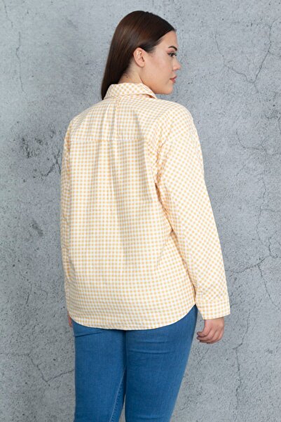 Şans Women's Large Size Yellow Gabardine Fabric Metal Buttoned Unlined Shirt Coat 65n20518