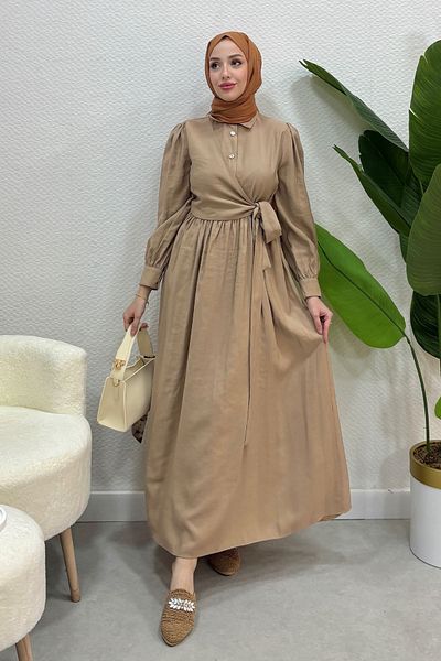 Tesettür Diyarı Asymmetrical Tie Summer Fabric Dress - Beige