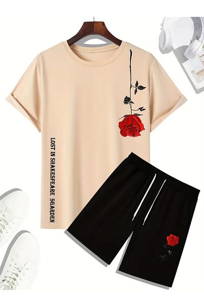 LAND MODA Men's Clothing Set, Rose Graphic T-Shirt and Lace-Up Shorts, Teenager's 2-Piece Sportswear,