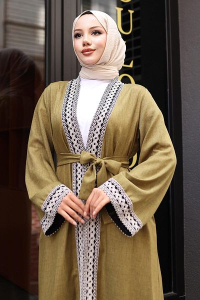 Modamihram Ethnic Patterned Kimono Set Khaki 19251