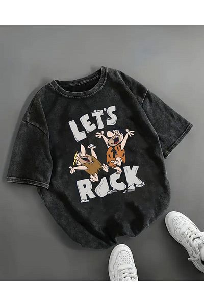 Touz Moda Lets Rock Printed Washed Vintage Unisex Oversize T-shirt