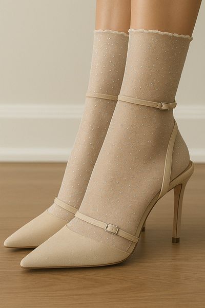 DİLARRA Boutique Silver Glitter Beige Tulle Socks