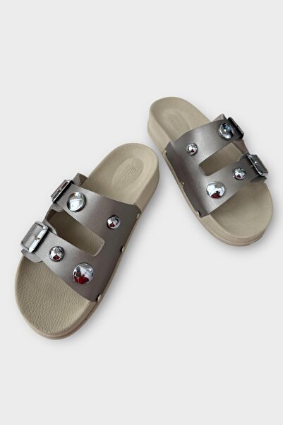 Liger Papuci de damă cu cataramă cu curele duble, confort zilnic, argintiu