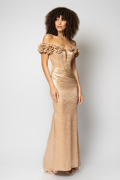 RENGIN Robası çiçek bantlı göğsü kesik dekolteli abiye elbise