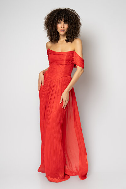 RENGIN Robası enine pileli straplez ince organze abiye elbise