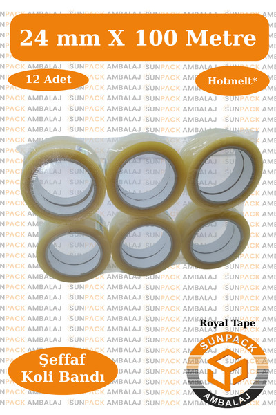 Royal Tape Koli Bandı 24mm X 100m Hotmelt Şeffaf (12 Adet) - Güçlü Yapışkanlı...