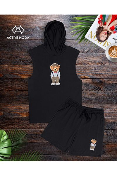 JANSO GROUP -Men's Printed Teddy Bear Short Sleeve Tshirt-Shorts Set 2 Li̇ Large Size Oversi̇Ze