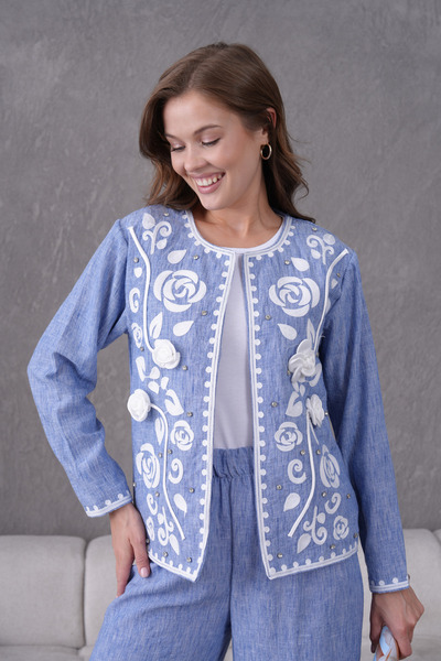 Miss Allos Жіноча передня вишита квітка троянди та камінь детальна лляна куртка та штани верхній та нижній комплект