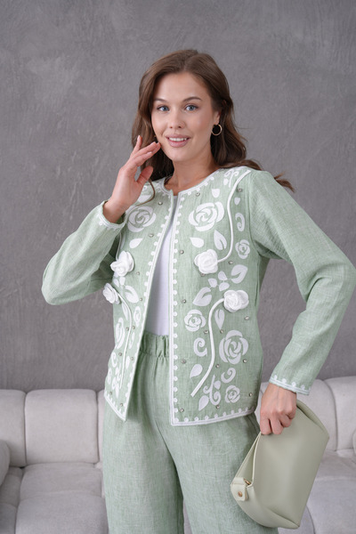 Miss Allos Дамски комплект от ленено яке и панталон с бродерия отпред, рози и камъни