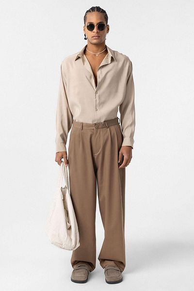 VAMOSCLO Baggy Fit Pleated Fabric Trousers Mink