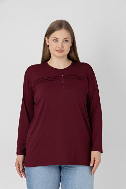 Orly More Viscose Fabric Mini Slit Plus Size Long Sleeve Mother Combed Cotton Blouse with Collar and Button Detail
