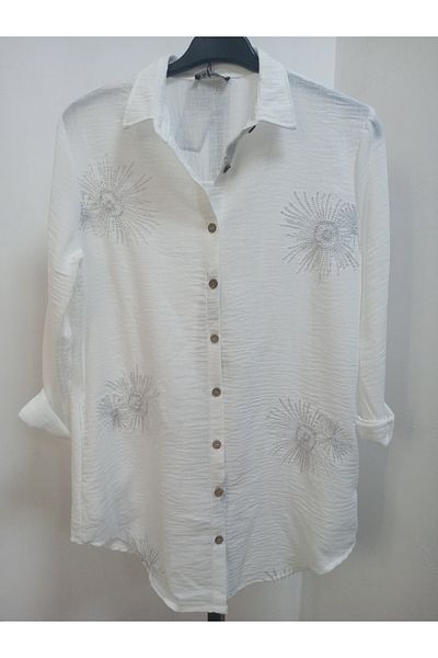 AKŞEN GİYİM Plus Size 100% Cotton Silvery Embroidered Shirt Collar Side Pocket 85 cm Tunic