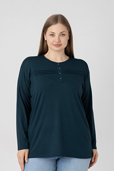 Orly More Viscose Fabric Mini Slit Plus Size Long Sleeve Mother Combed Cotton Blouse with Collar and Button Detail