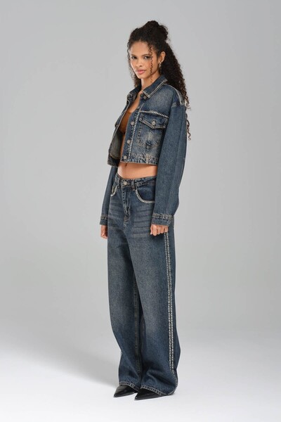 tw3 Blugi pentru femei, cu design largi, cu detaliu de piatră laterală, cu cr...