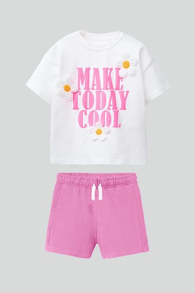 Monila Girl's Cotton Fabric Floral Embroidery Tshirt and Shorts Bottom Top Set