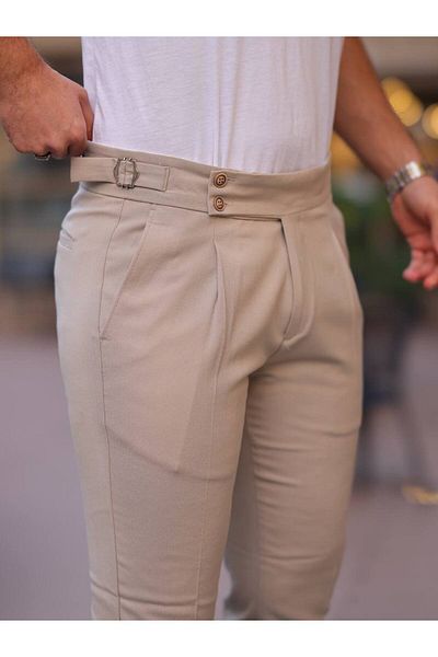 REX MODA Men's Old Money Pleated Self-Belt Fabric Trousers