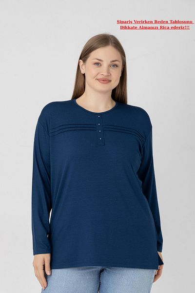 Orly More Viscose Fabric Mini Slit Plus Size Long Sleeve Mother Combed Cotton Blouse with Collar and Button Detail