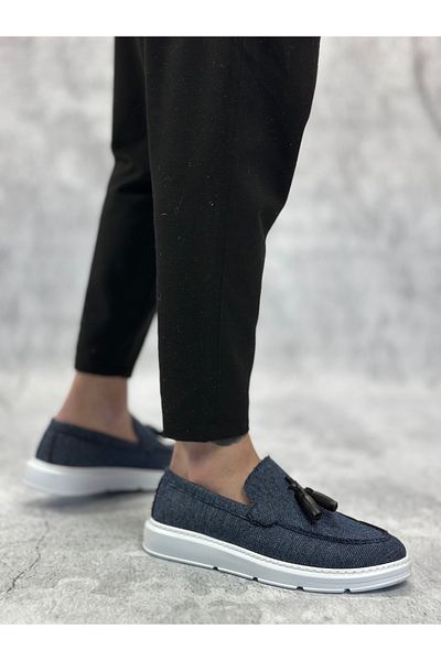 Arda Men's Shoesba0005 Laceless High Sole Classic Linen Navy Blue Tassel Men's Shoes