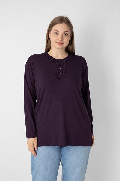 Orly More Viscose Fabric Mini Slit Plus Size Long Sleeve Mother Combed Cotton Blouse with Collar and Button Detail