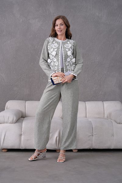 Miss Allos Women's Front Embroidered Rose Flower and Stone Detailed Linen Jacket and Trousers Bottom Top Set