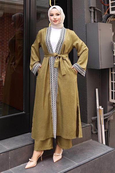 Modamihram Ethnic Patterned Kimono Set Khaki 19251