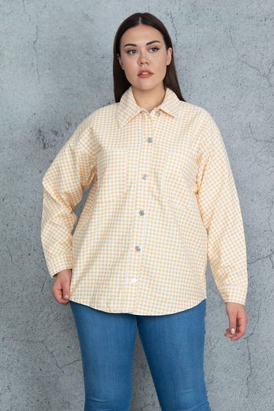 Şans Women's Large Size Yellow Gabardine Fabric Metal Buttoned Unlined Shirt Coat 65n20518