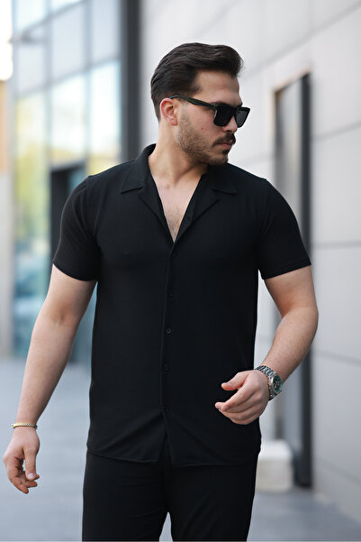 SALTİMORE Apaş Yaka Siyah Waffle Kumaş Relax Fit Kısa Kollu Rahat Kesim Gömlek