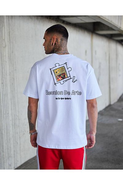 THIMOON Men's White Cotton Printed Crew Neck Oversize T-Shirt Summer Casual T-Shirt