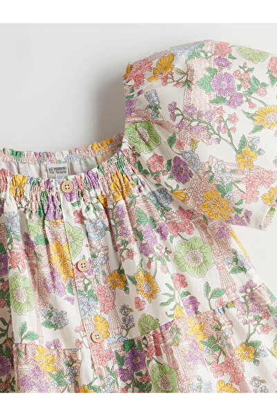 LC Waikiki Lcw Kids Ecru Printed Square Neck Floral Girl's Dress