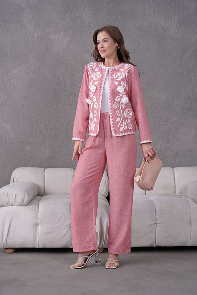 Miss Allos Women's Front Embroidered Rose Flower and Stone Detailed Linen Jacket and Trousers Bottom Top Set