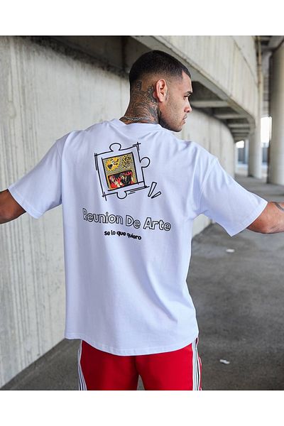 THIMOON Men's White Cotton Printed Crew Neck Oversize T-Shirt Summer Casual T-Shirt
