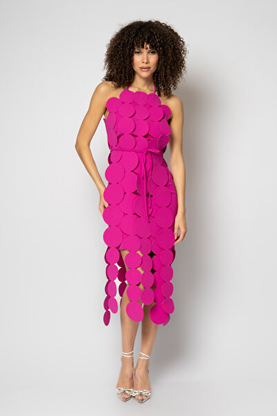 RENGIN Daire şerit saçaklı krep abiye elbise