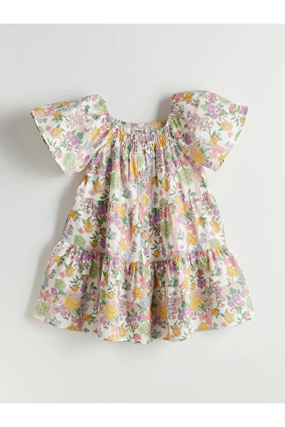 LC Waikiki Lcw Kids Ecru Printed Square Neck Floral Girl's Dress