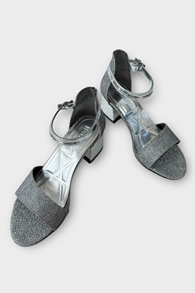 Liger Girl's Glittery Stone Banded Heeled Evening Dress Sandals Shoes Silver