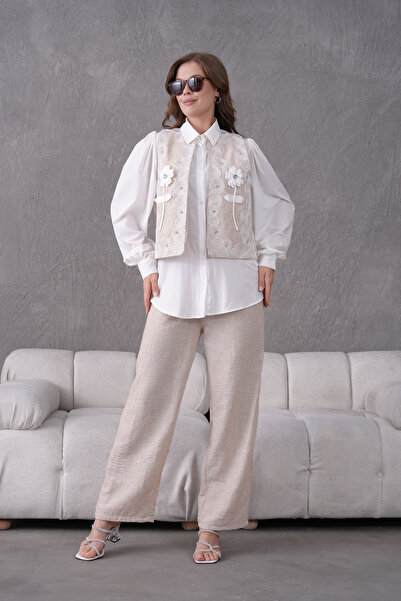 Miss Allos Women's Front Embroidered Flower and Stone Detailed Linen Vest and...