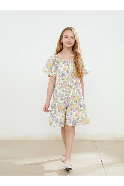 LC Waikiki Lcw Kids Ecru Printed Square Neck Floral Girl's Dress