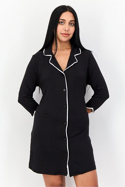 Jones of New York Women Solid 3/4 Sleeve Sleepwear Dress, Black