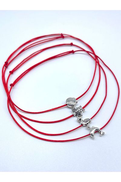 Concept HuBuTU 4 Pieces Sea Themed Silver Color Object Minimal Red Rope Anklet Set