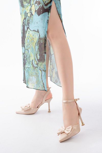 Aymood Inf-4505 Beige Satin Daily Open Back Ribbon Detailed Heeled Shoes
