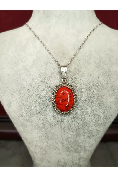 Mos Tespih Coral Stone Natural Stone Silver Color Necklace